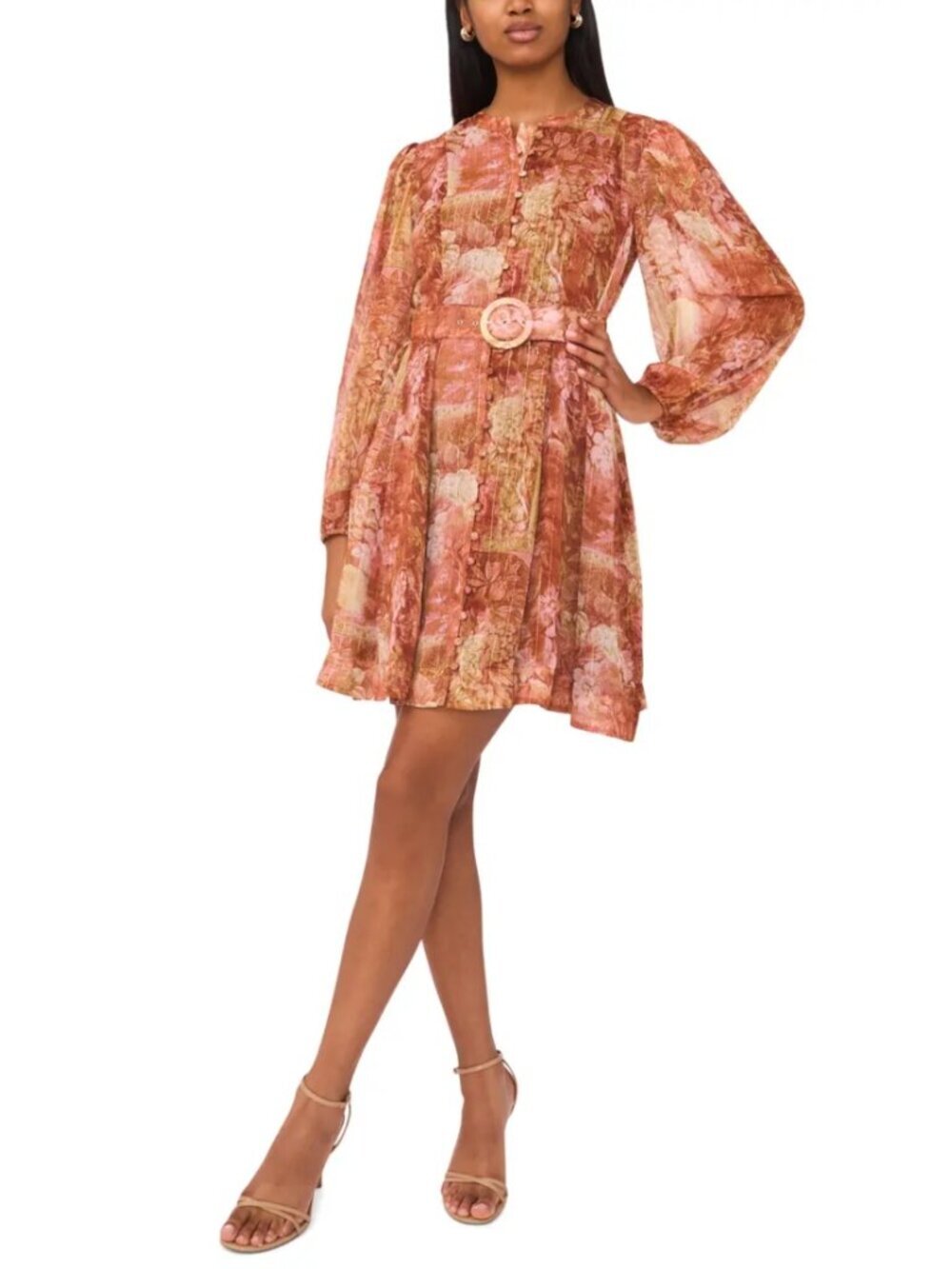 Halogen Floral Long Sleeve Belted A-Line Dress Vintage Pearl Whimsical Sz L NWT